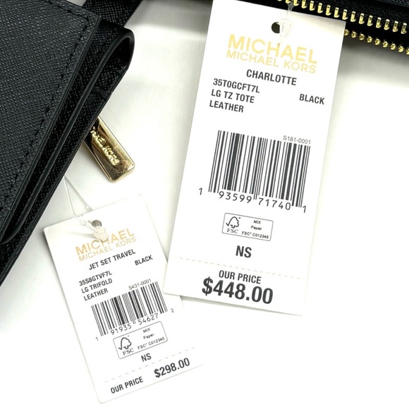 Michael Kors Large Charlotte TZ Tote Bag & Large Trifold Wallet Black/Gold - Picture 14 of 14